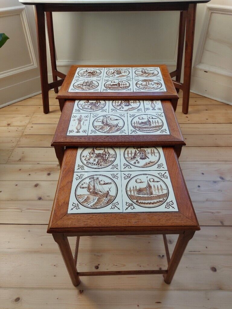 Danish midcentury teak nesting coffee tables with hand painted tiles. in Trinity, Edinburgh