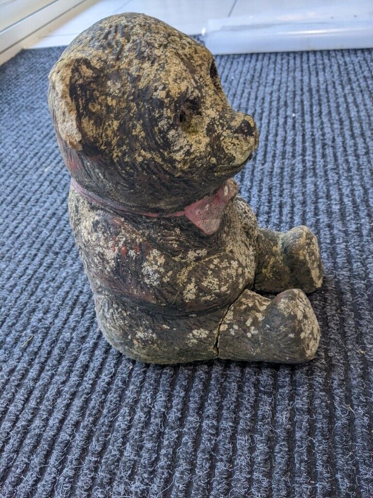 GREY STONE BEAR WITH RED BOW TIE GARDEN ORNAMENT 17cm L x 27cm H x 22cm W