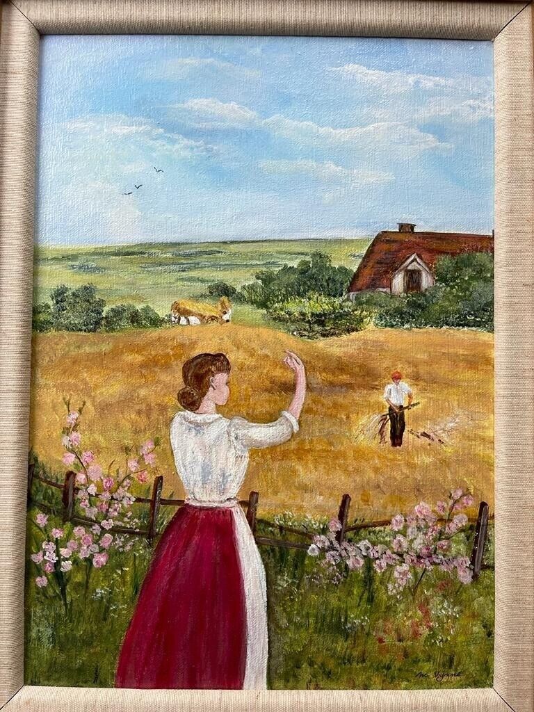 Original acrylic painting on canvas, harvest scene, professionally framed & signed by artist
