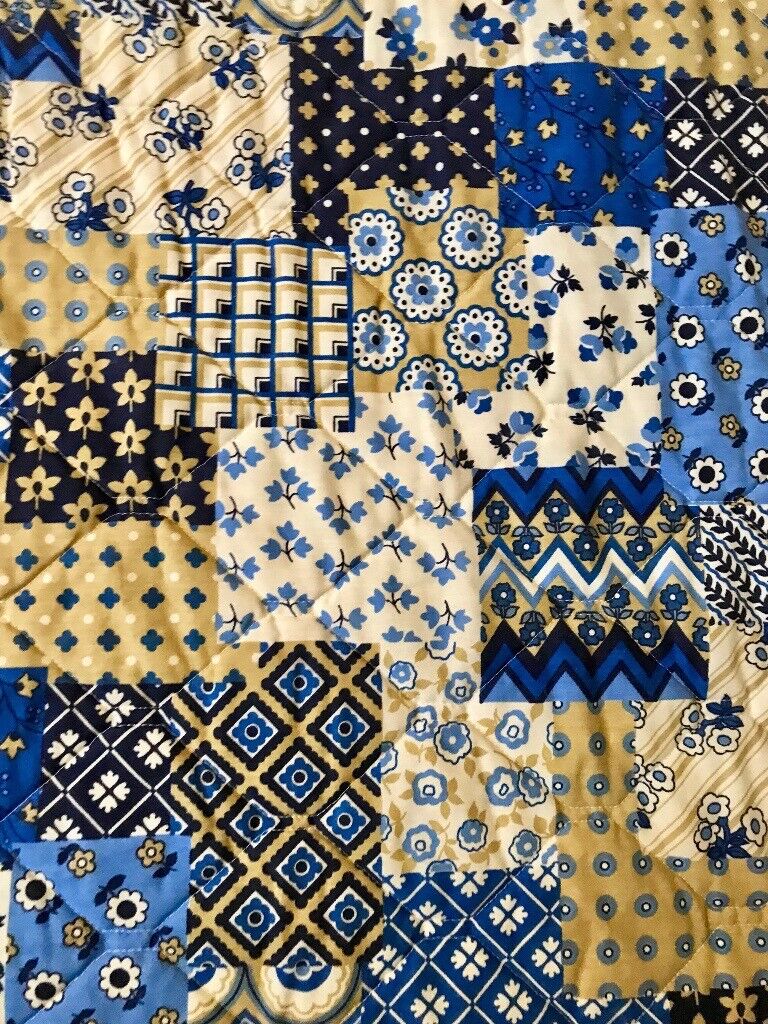 Vintage Retro 60's Blue Patchwork Flower Power Double Bedspread Valance Coverlet