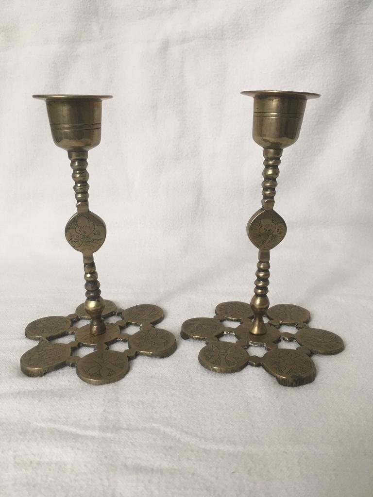 image for Pair Solid Brass Oriental Design Candlesticks Candle Holders Vintage