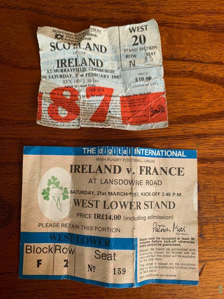 image for 2 Vintage COLLECTABLE IRISH RUGBY Ticket Stubs: Five Nations 1987