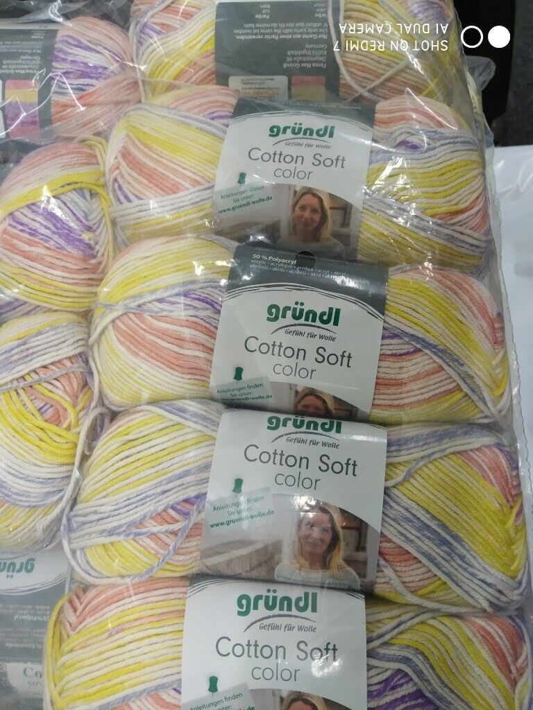 GRUNDL COTTON SOFT COLOR DOUBLE KNITTING 50% COTTON MIX 5X100G RANDOM PRINT NEW