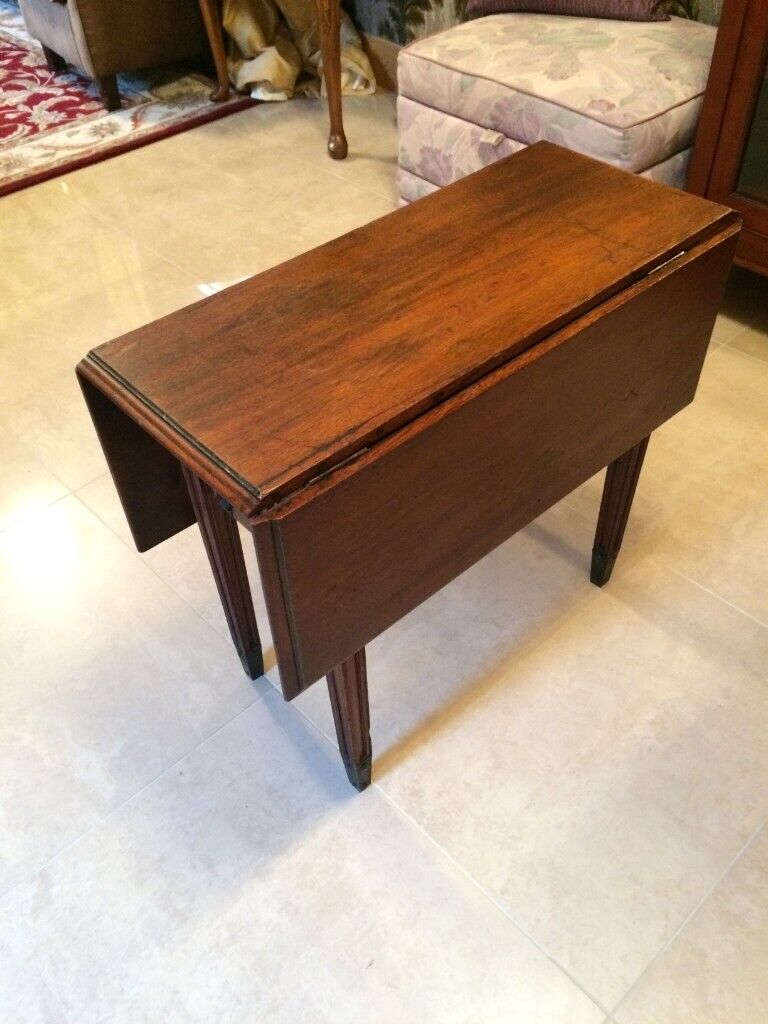 Vintage dropleaf occasional table with integral long drawer, metal footed legs
