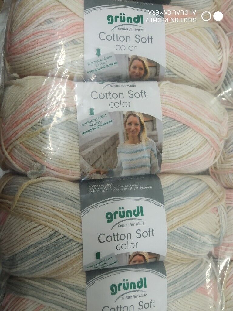 GRUNDL COTTON SOFT COLOR DOUBLE KNITTING 50% COTTON MIX 5X100G RANDOM PRINT NEW