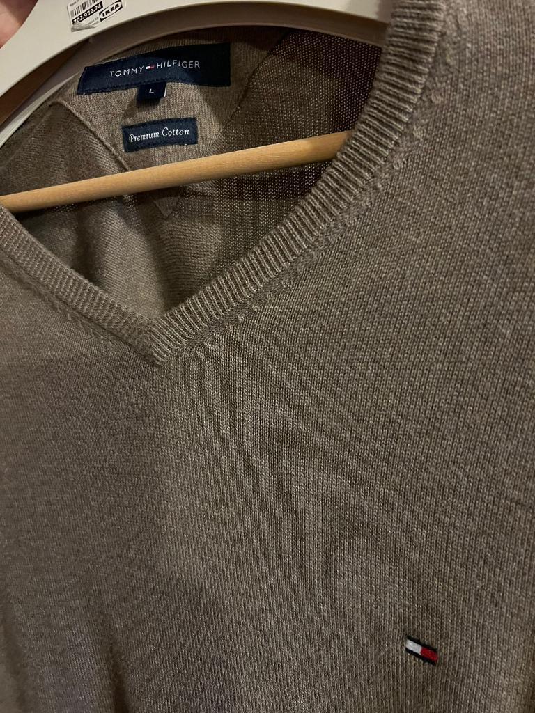 Tommy Hilfiger Mens Cotton Brown V Neck Jumper