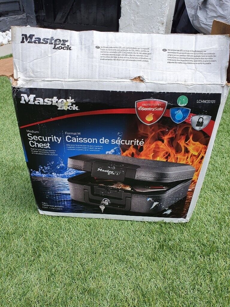  Master lock fire and flood security Chest  No keys with it as a small crack on the bottom see pics