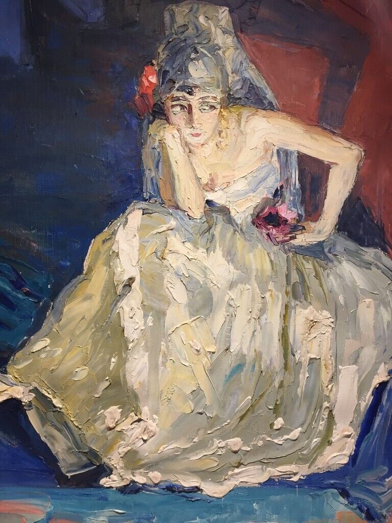 1920's original oil on canvas painting 'Study of a seated woman in a bridal outfit'