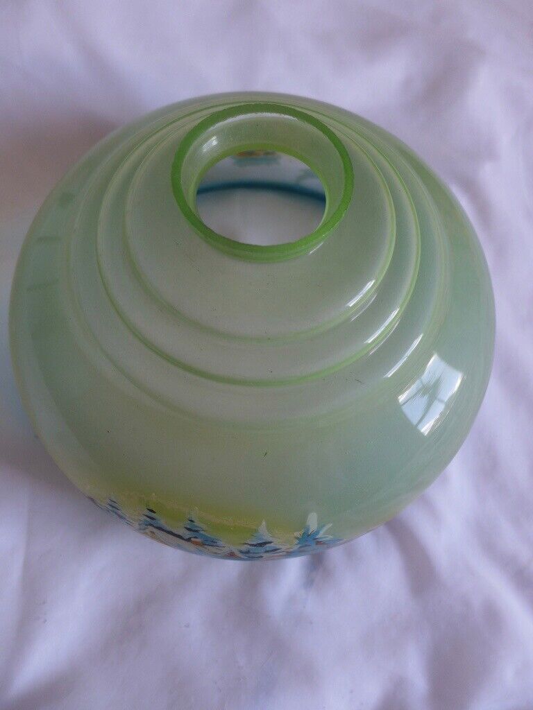 Vintage antique hand-painted glass lampshade lamp shade light shade with glass tube fringing.