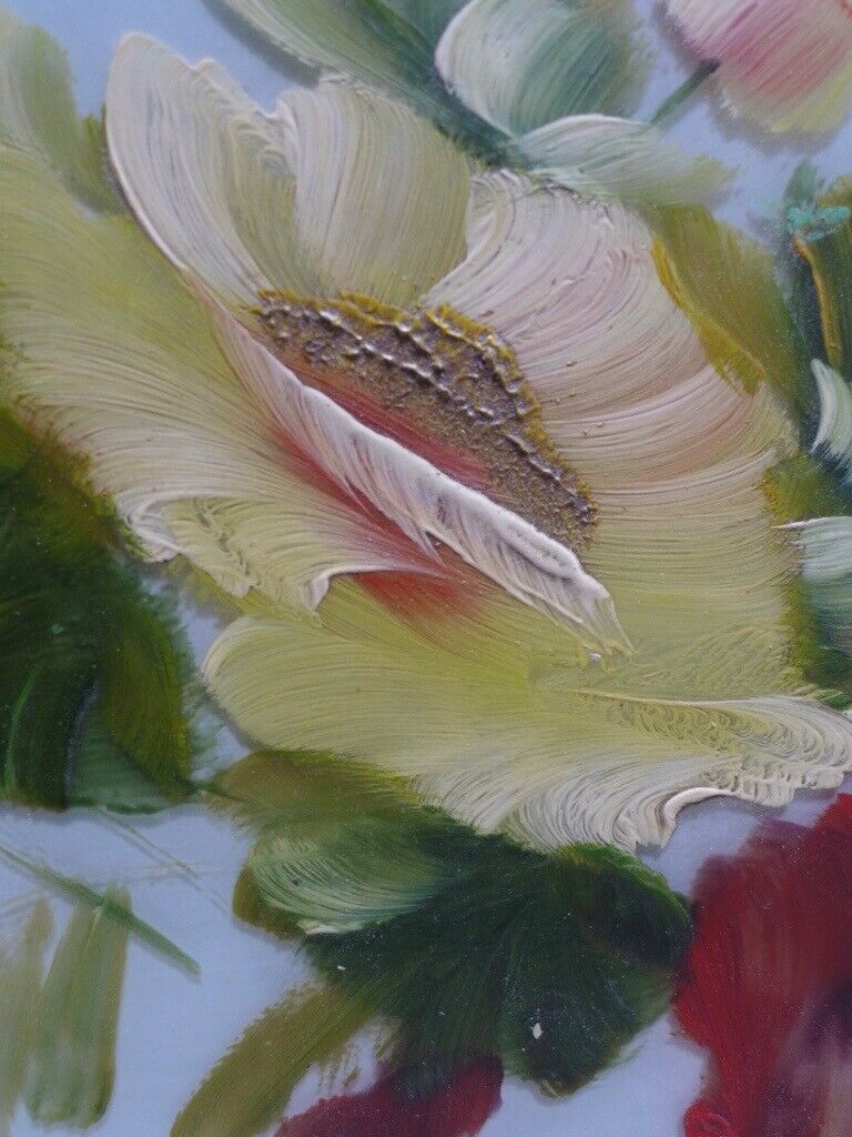 Collectable framed artwork: Pair of VICTORIAN ANTIQUE FLORAL OIL PAINTINGS ON GLASS. Two for £95