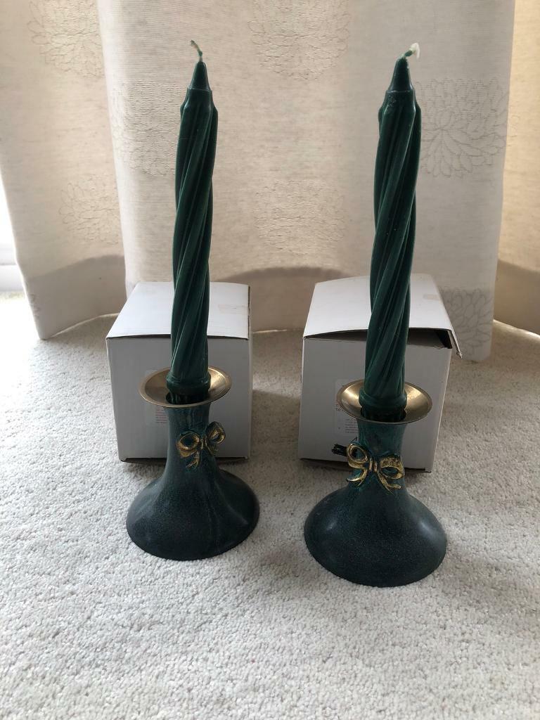 image for Pair of dark green brass candle sticks with 2 dark green twisted candles. Collect Chichester