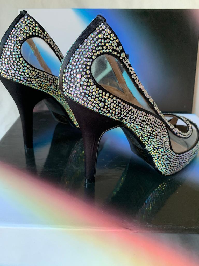 Lunar Black Diamante Sparkle Peep Toe Shoes party size UK3 3.5