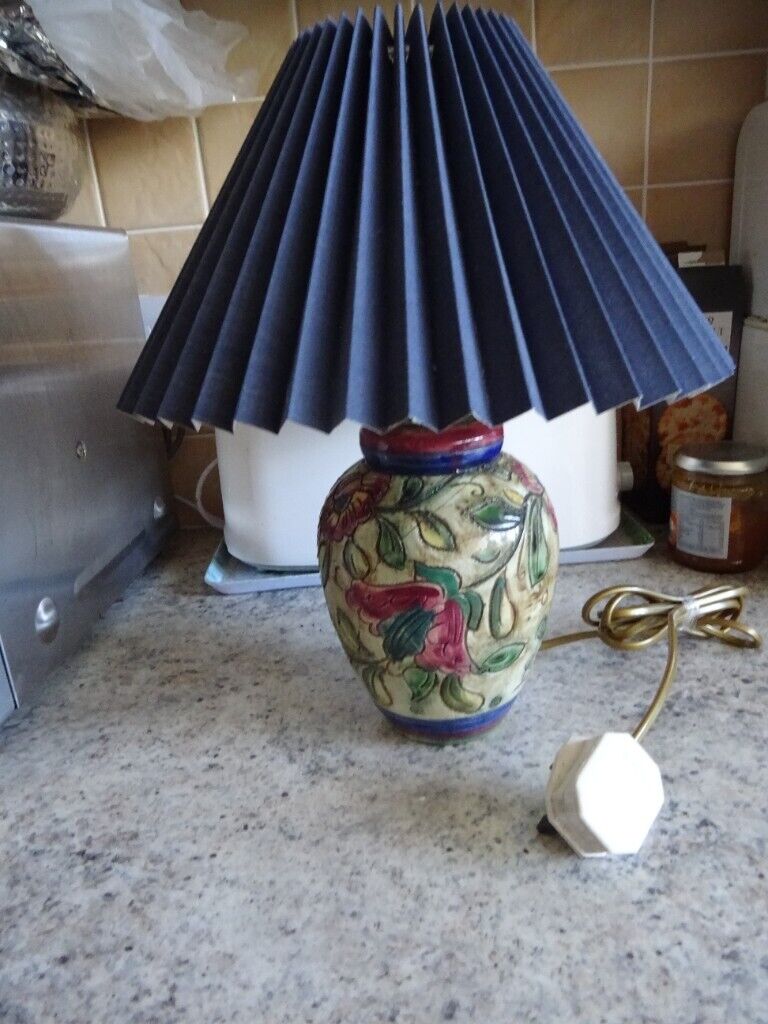 Small Scraffito Table Lamp with Hand Painted Shade or Blue Pleated Shade.