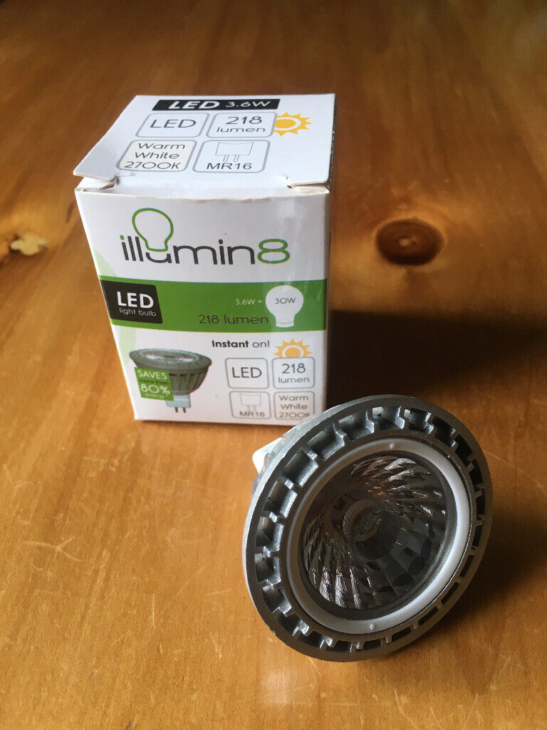 NEW illumin8 LED 3.6W 218 lumen Warm White 2700k MR16 light bulbs. 127 bulbs available. £4 for 12.