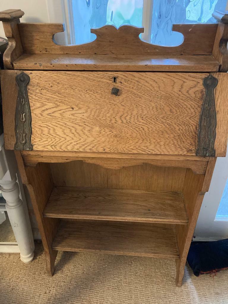 image for Arts crafts small neat drop down front for writing desk. Shelves 