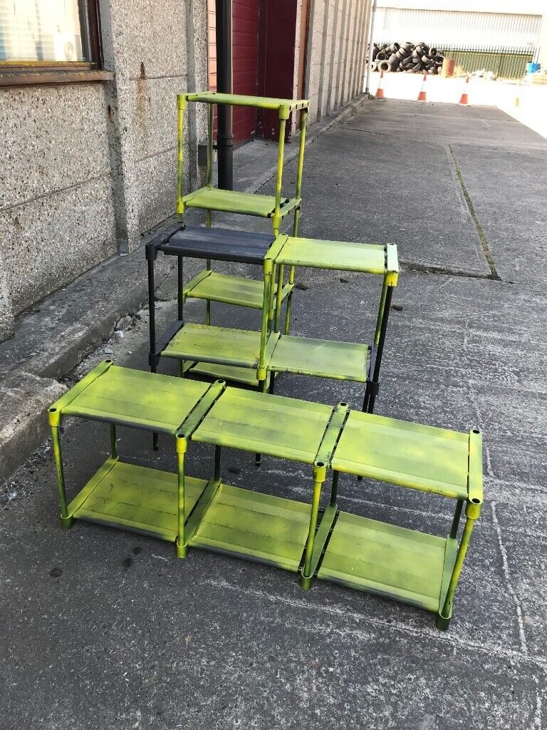FOUR PLASTIC/MATERIAL DISPLAY STANDS GREEN/BLACK FOR SHOP RETAIL DISPLAY