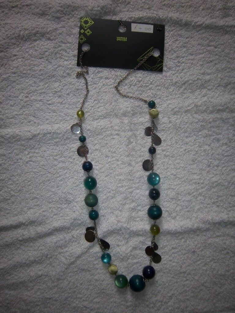 New M&S Ladies Long Green Beaded Necklace IP1