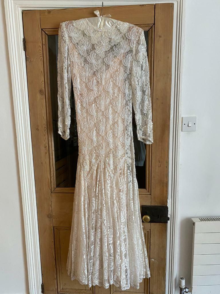 image for Vintage sequinned fishtail wedding dress. Size 16. Silk slip
