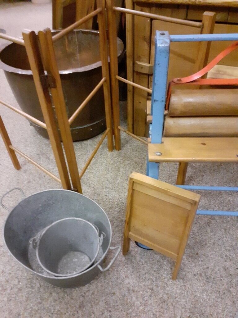 Vintage child's laundry set. 9 child's items including Tri-ang mangle