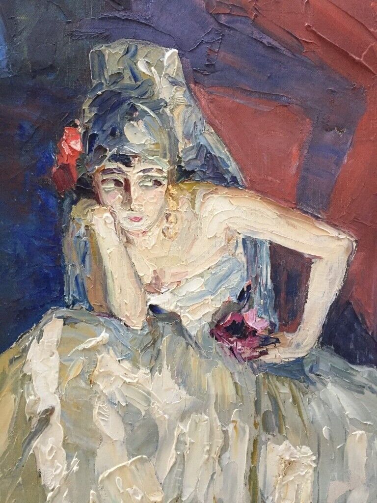 1920's original oil on canvas painting 'Study of a seated woman in a bridal outfit'