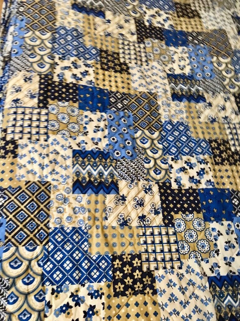 Vintage Retro 60's Blue Patchwork Flower Power Double Bedspread Valance Coverlet
