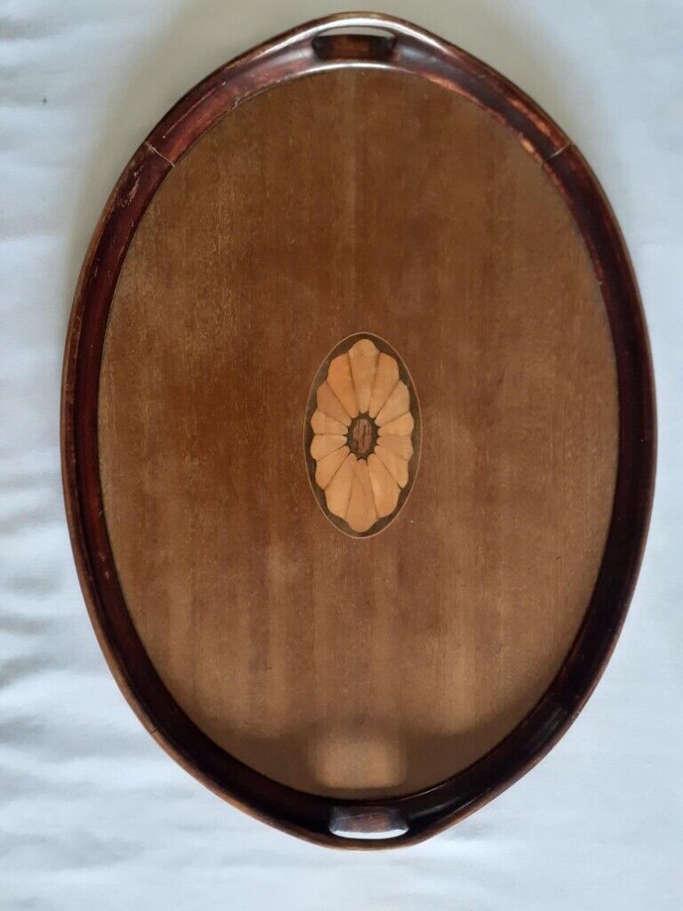 Vintage mahogany wooden inlaid tray antique