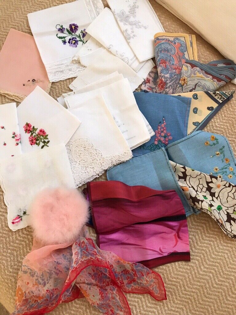 Ladies’ hankies- assorted( cotton, lace, embroidered, silk )