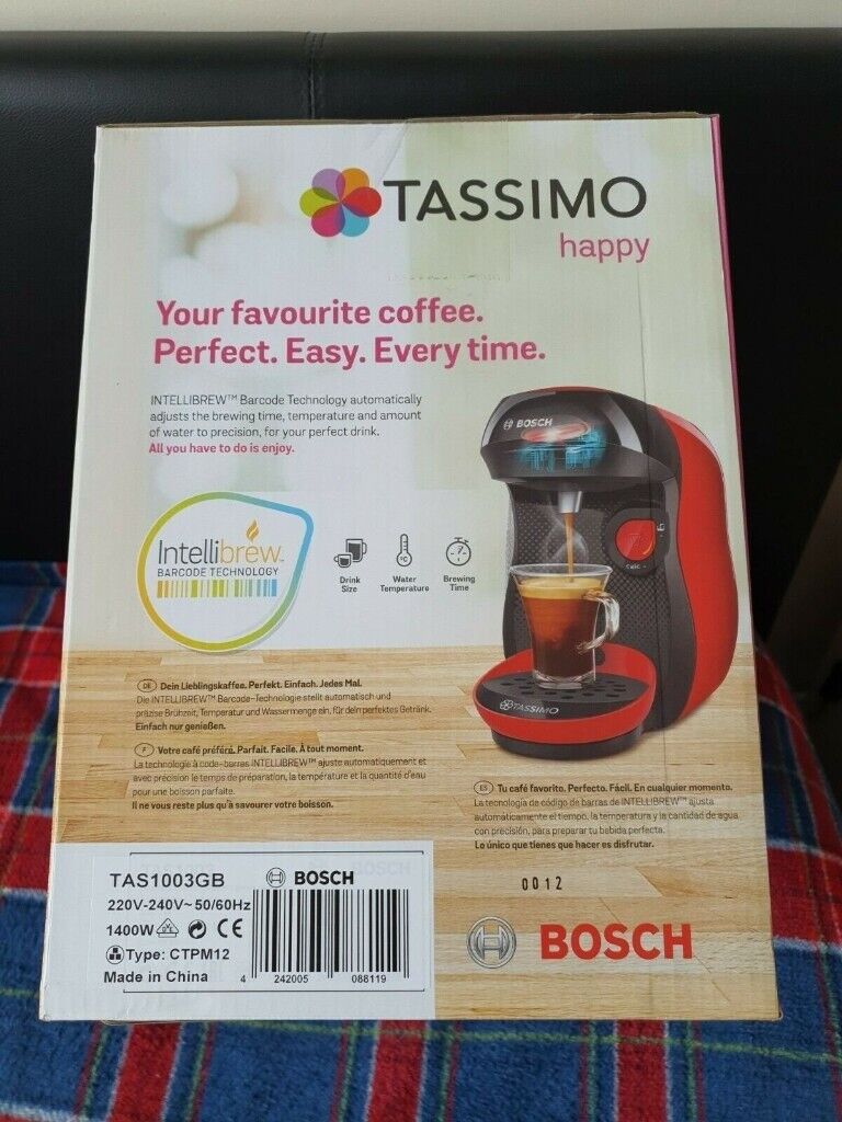 Tassimo by Bosch TAS1003GB Happy Pod Coffee Machine - Red and Black, Brand New, Sealed