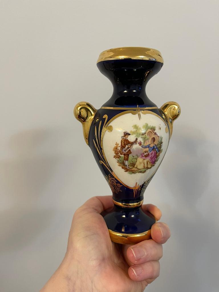 image for  France Castel Cobalt Blue and Gold Painted Courting Scene Vase