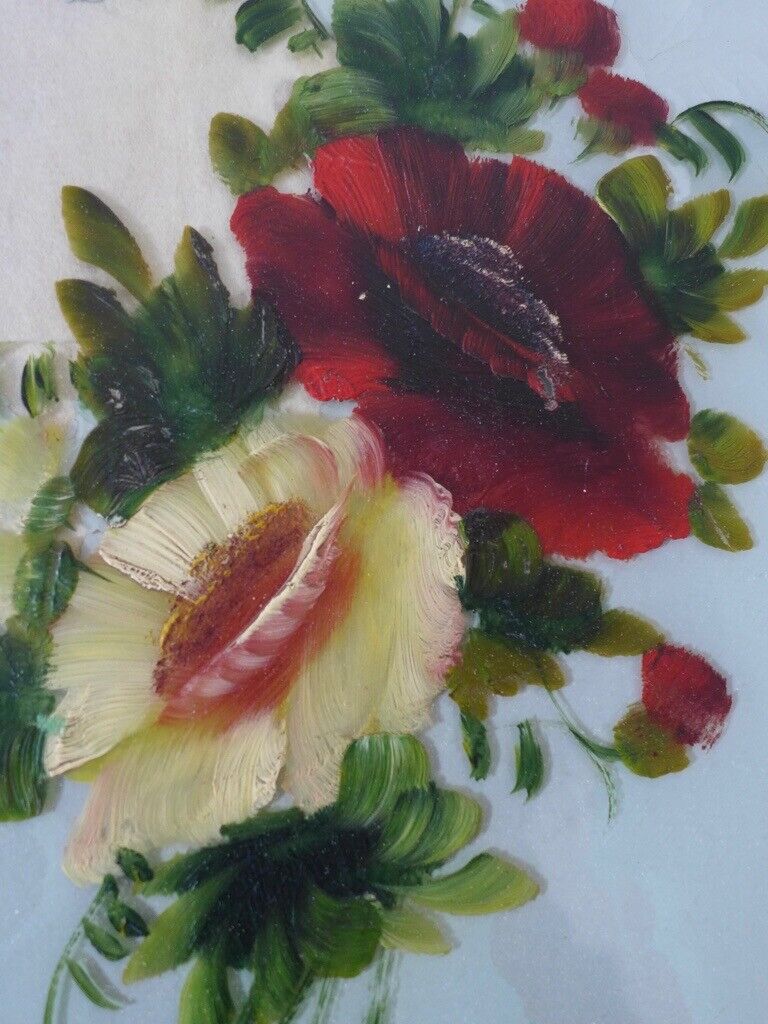 Collectable framed artwork: Pair of VICTORIAN ANTIQUE FLORAL OIL PAINTINGS ON GLASS. Two for £95