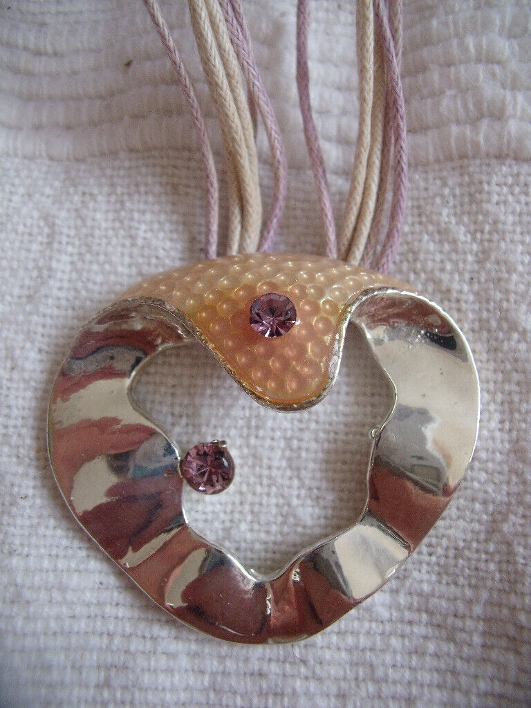 Silver tone metal bangle & unusual pendant on cord/chain, amethyst coloured stones. £3 ovno both