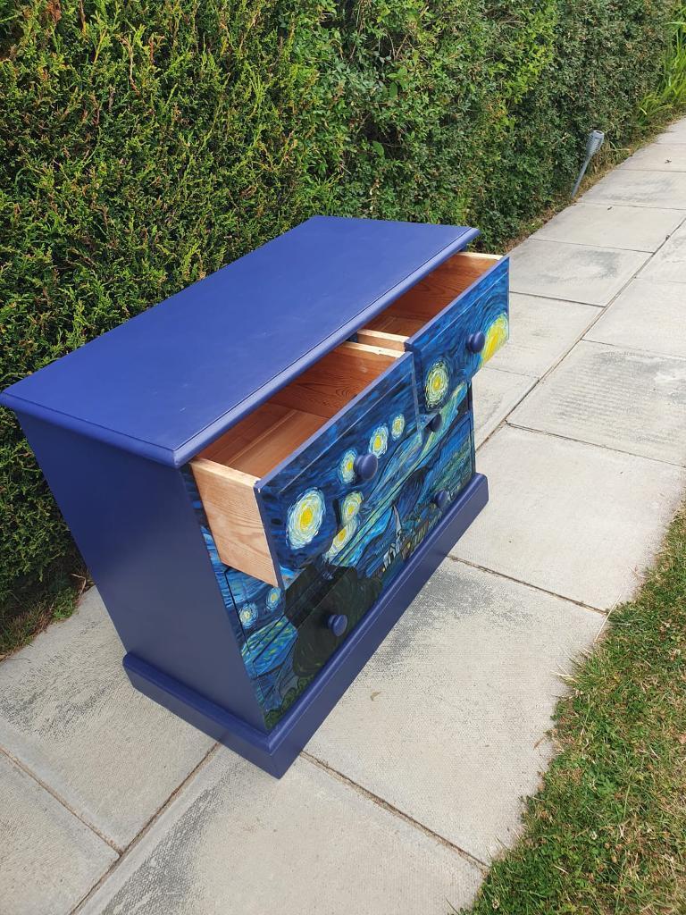 Solid pine wood, Handpainted Chest of drawers. Hand painted in the style of Vincent Van Gogh