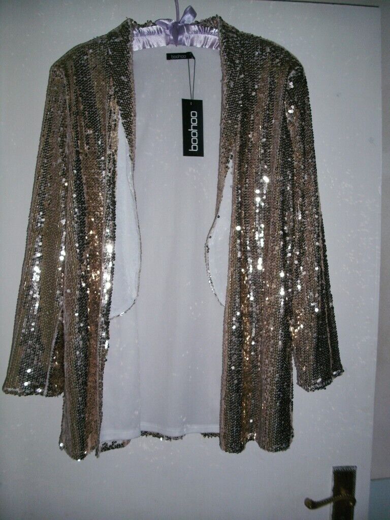 image for BNWT Boo Hoo  Soft Gold Sequin Blazer Jacket Size 8