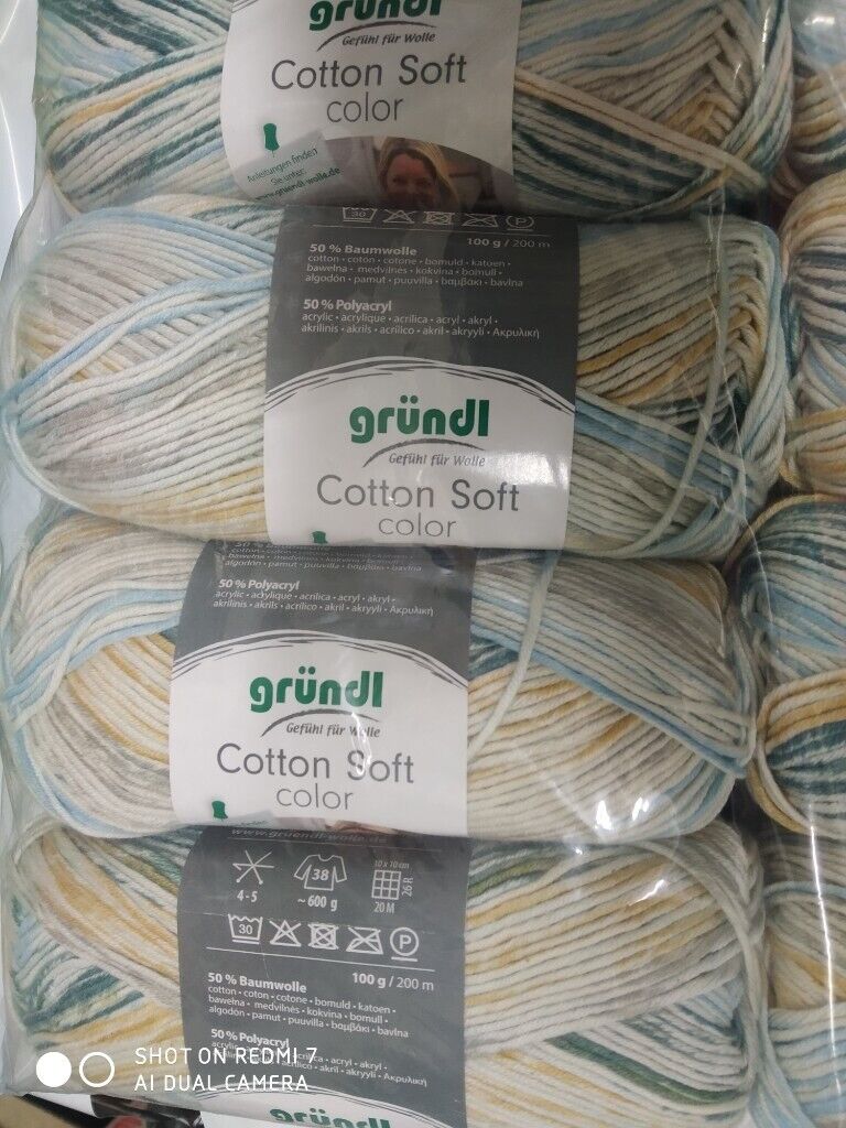 GRUNDL COTTON SOFT COLOR DOUBLE KNITTING 50% COTTON MIX 5X100G RANDOM PRINT NEW