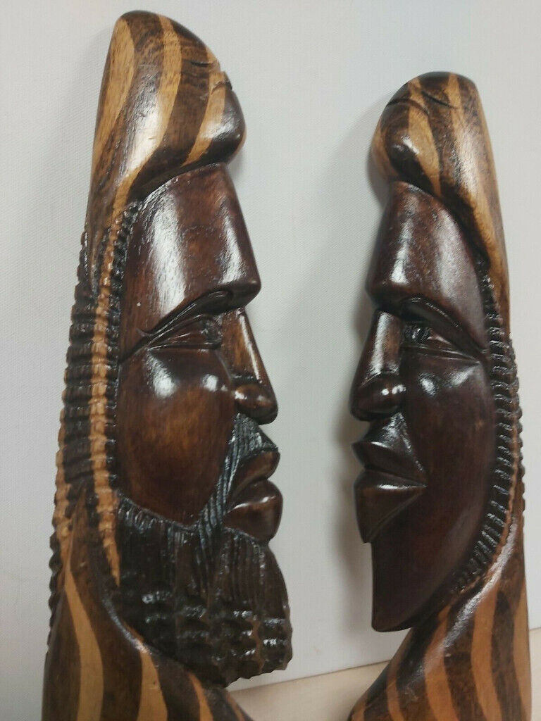 image for #secondhandfirst,AFRICAN ART ,Pair Wooden Wall Hanging African Tribal Faces, in good condition,