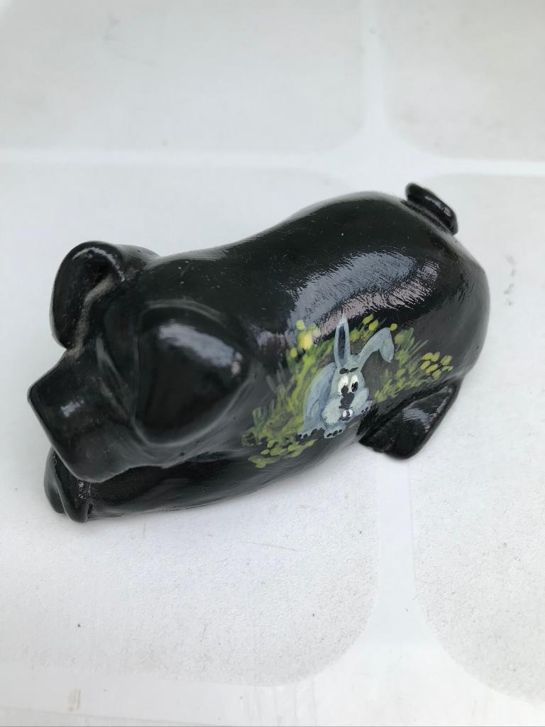 image for Black painted pottery pig measuring 2 inches in length