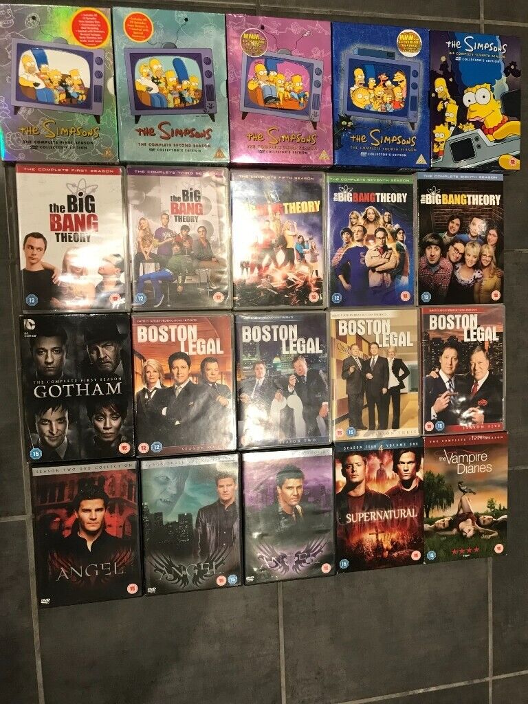 DVD sets, Gotham, Vampire Diaries, Angel, Simpsons, Boston Legal, Big Bang Theory