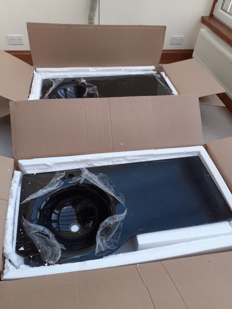 2 x NEW UNUSED Designer  Black P Shaped Glass Basins WILL SELL SEPARATELY