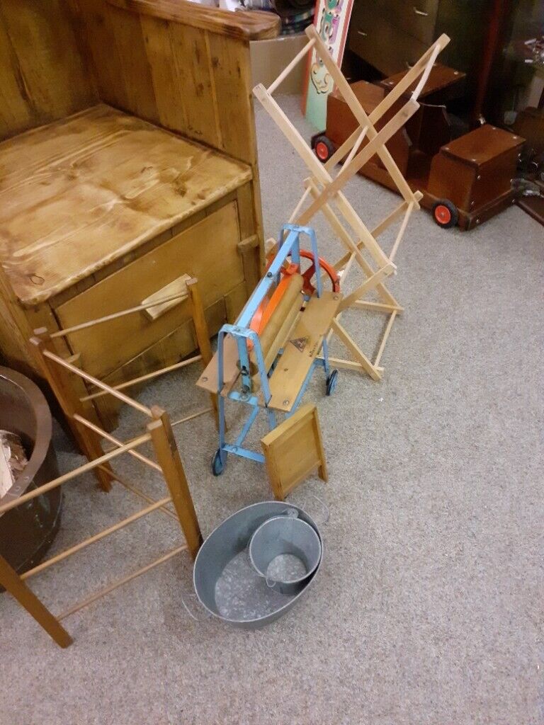 Vintage child's laundry set. 9 child's items including Tri-ang mangle