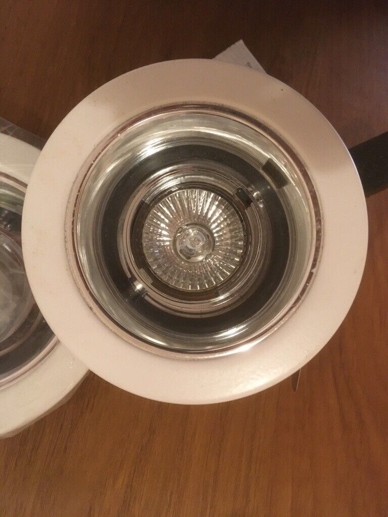 Four new unused ceiling recessed downlight light fittings with bulbs - GU10 LED compatible