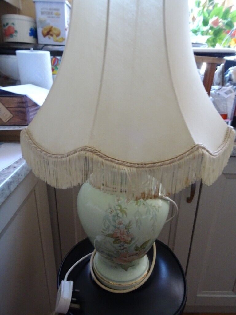 Pale Green Floral Large Ceramic Table Lamp & Shade