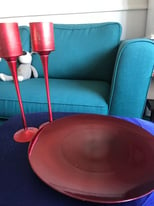 Red plate + 2 red candlestick