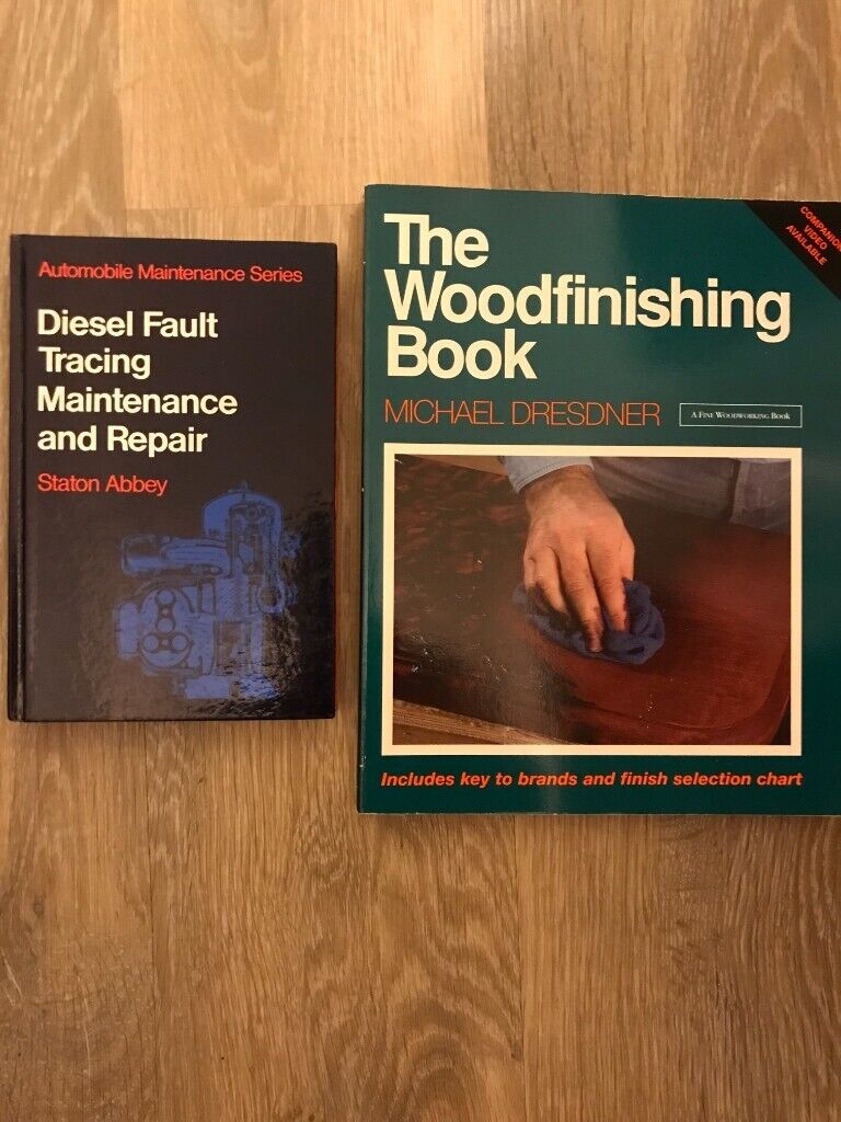 Diesel Fault Tracing+Woodfinishing books, both in excellent condition