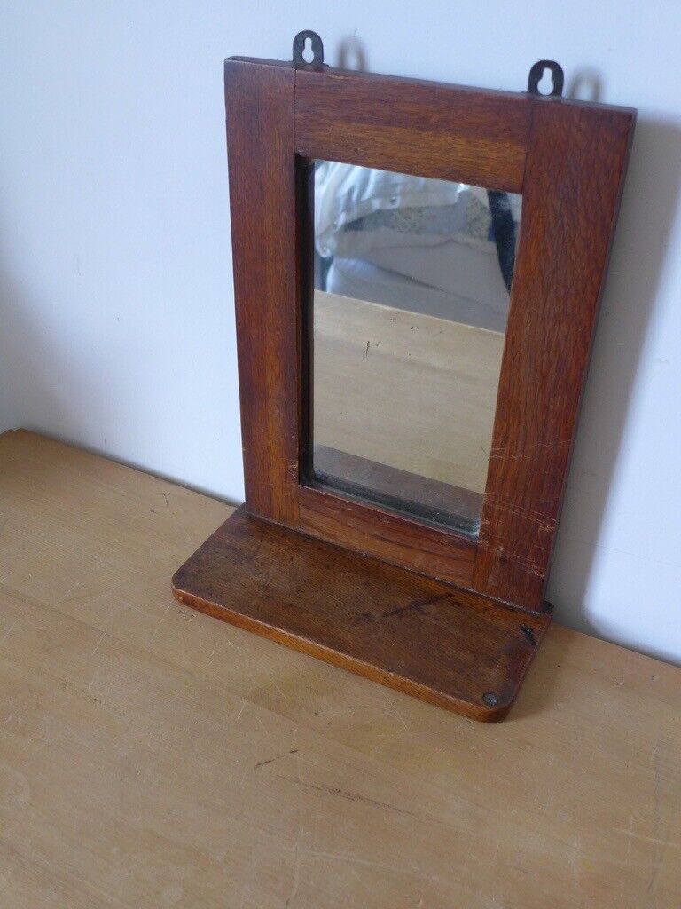 image for Antique vintage solid wood wall mirror with shelf. Simple, attractive design.