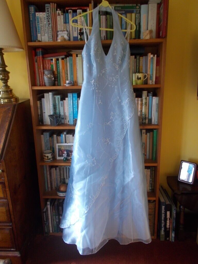 image for Full length halter-neck evening dress, ice blue embroidered silk gauze, size 10, excellent condition