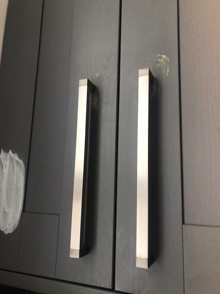 Excellent condition set of 18 satin nickel chrome kitchen cupboard handles 30 & 17.5 cm