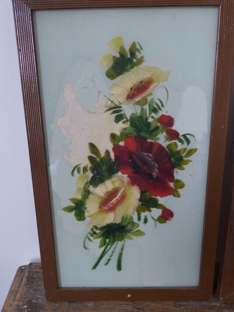Collectable framed artwork: Pair of VICTORIAN ANTIQUE FLORAL OIL PAINTINGS ON GLASS. Two for £95