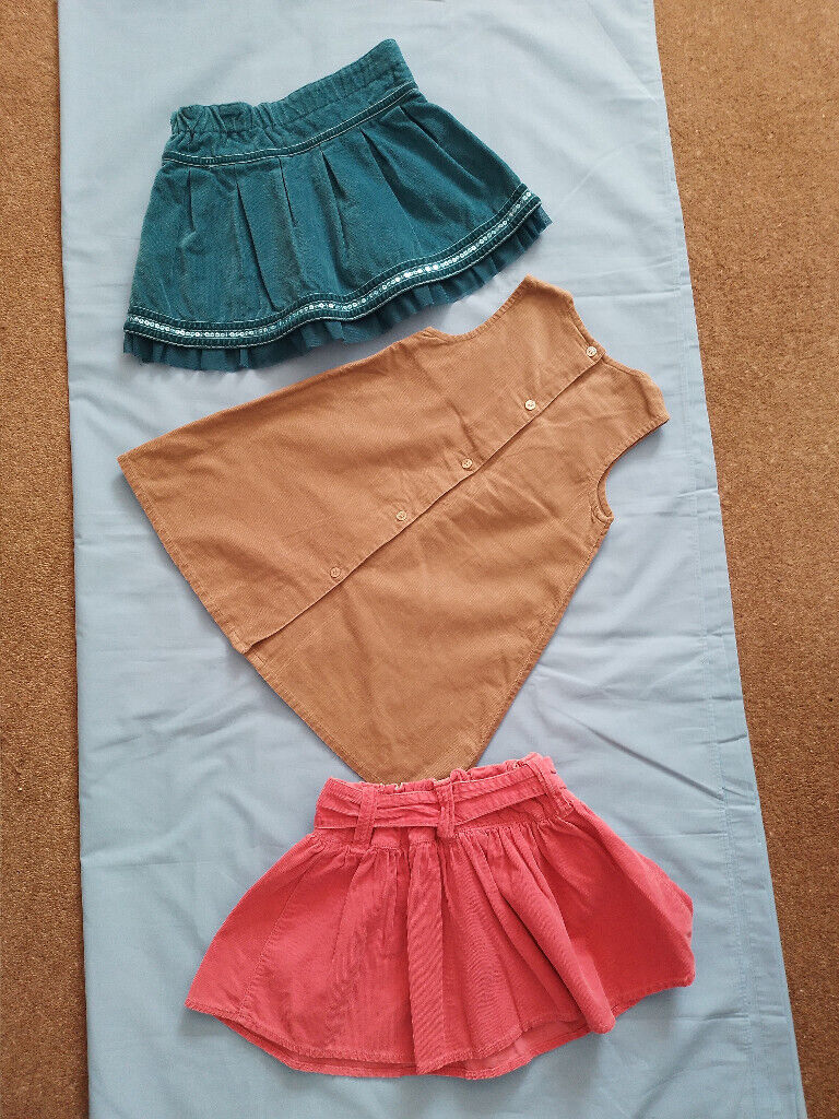 GIRLS CLOTHES - age 12/18m, 18m/2 & 2/3. Autumn/Winter/Spring, 2 skirts & 1 pinafore dress