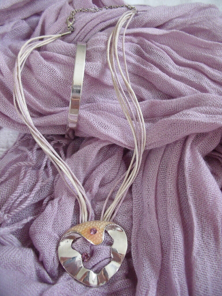 image for Silver tone metal bangle & unusual pendant on cord/chain, amethyst coloured stones. £3 ovno both