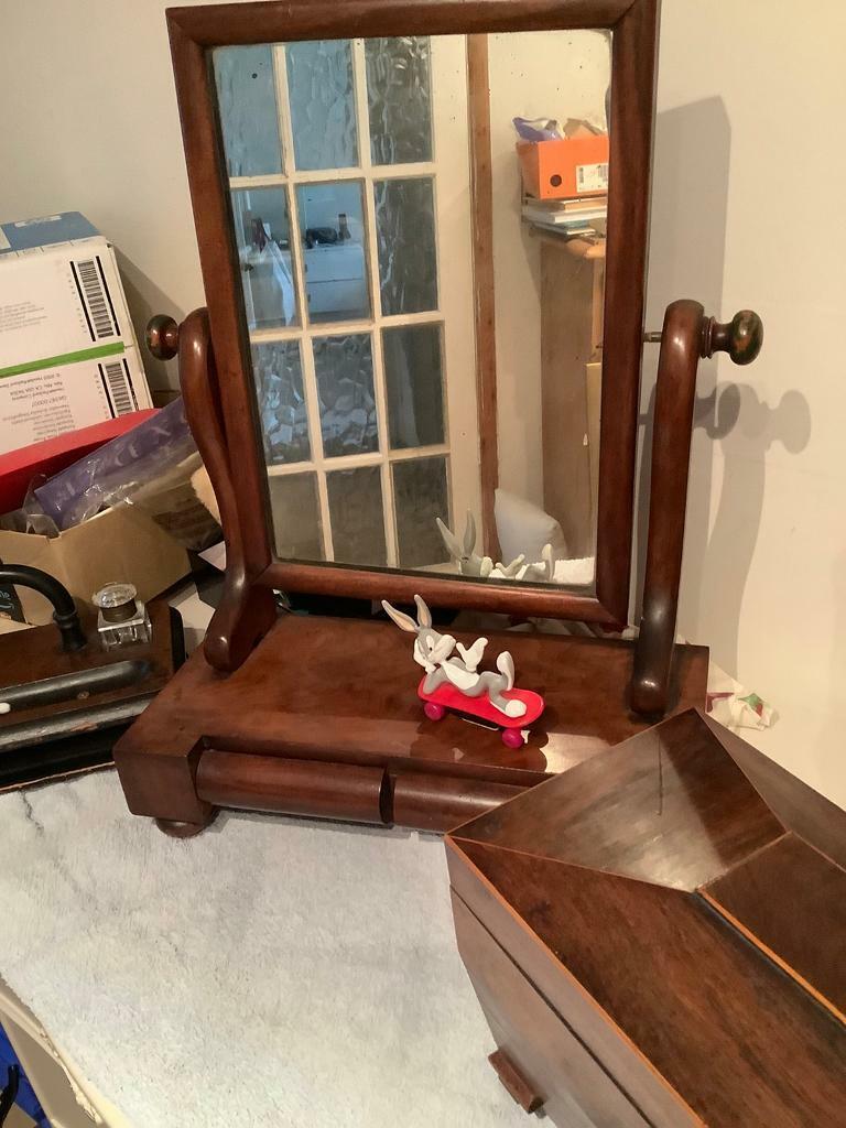 image for Toilet mirror with 2 little draws for jewelry etc. Solid mahogany wood. Antique